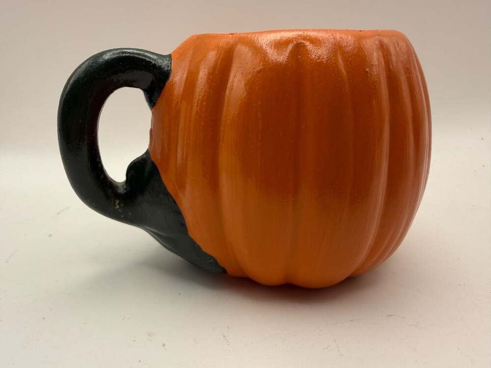 Vintage Handmade Ceramic Pumpkin Mug with Black Handle Fall Decor - Picture 3 of 6